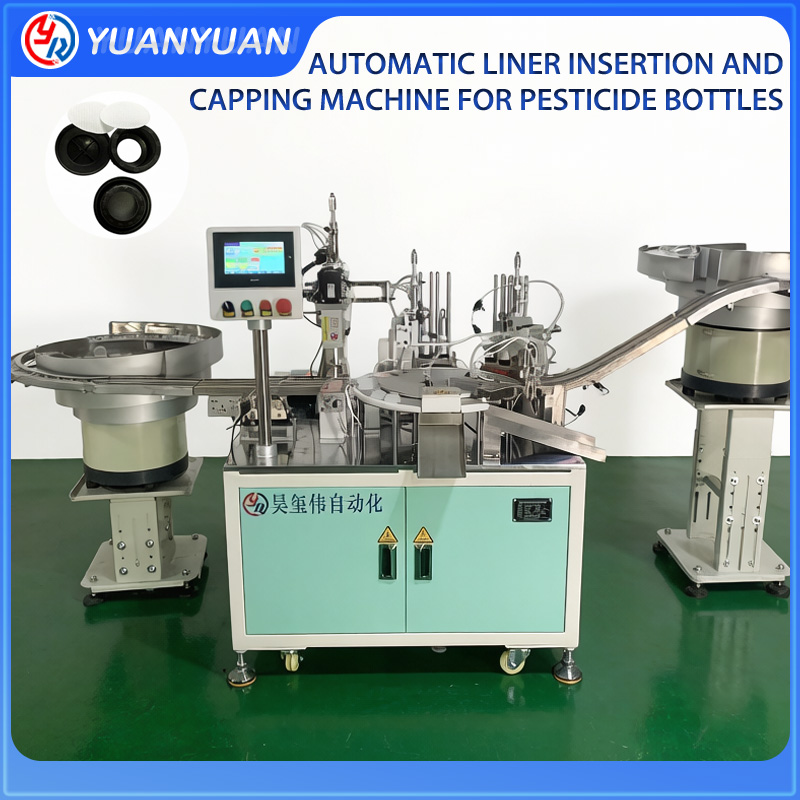 AUTOMATIC LINER INSERTION AND CAPPING MACHINE FOR PESTICIDE BOTTLES